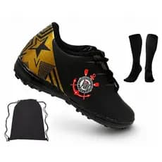 Kit Chuteira Infantil Society Elite Corinthians Preta + Meião + Mochila | Confortável | Tam. 28 ao 36
