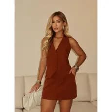 CONJUNTO ALFAIATARIA MARROM FEMININO LUXO COLETE  E SHORT SAIA ELEGANTE COM BOTAO E BOLSO TENDENCIA