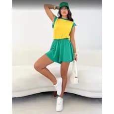 Conjunto Copa do Mundo 2026 Feminino Brasil Amarelo e Verde em Vicolycra – Look Torcida Casual Short Godê