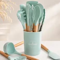 Kit Utensílios de Cozinha Silicone 12 Peças Antiaderente Espátula Colher Premium Verde Premium