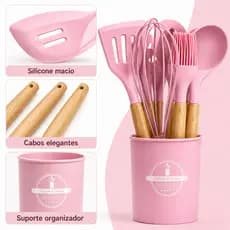Jogo Completo de Utensílios de Cozinha Rosa de Silicone Itens Essenciais para sua Casa KIT/12 Peças