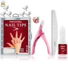 Kit Alongamento Manicure 100 Unha Tips + Alicate Cortador De Tips + Cola Pincel + 1 Lixa Bumerangue
