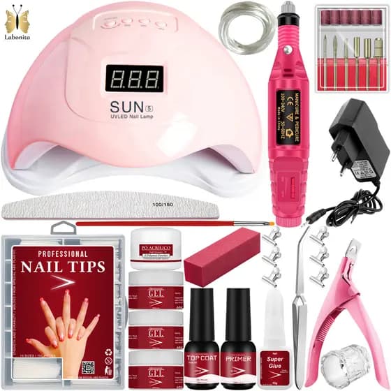 Kit de Unha Gel Completo Acrigel Porcelana Fibra de Vidro com Motor de Unhas Manicure Profissional