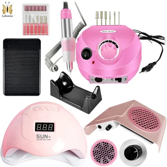 Kit Manicure Lixadeira de Unha Motor Porquinho + Cabine Sun  + Aspirador Coletor de Pó de Unha