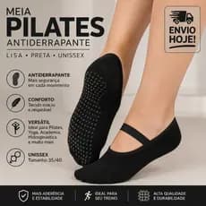 Meia Pilates Lisa Antiderrapante Preta Unissex 35/41 Conforto Premium Yoga, Academia e Hidroginástica