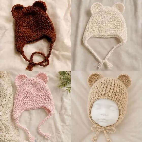 1 Touquinha Gorro de Crochê baby Ursinho com Orelhinha Outono Inverno Lã Newborn Ensaio Fotográfico Dia A Dia Reborn