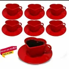 Canto do Café Kit 8 a 40 Xicaras Coração vermelhas Acrílico  +  Pires Vermelho charme presentes mãe