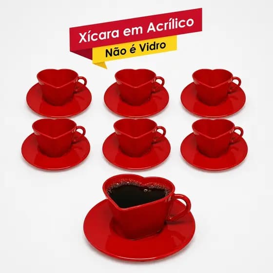 Canto do Café - 6 Xicaras Coração Vermelhas em PLÁSTICO ACRILICO + 6 Pires - presentes decoração mãe