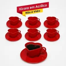 Canto do Café - 6 Xicaras Coração Vermelhas em PLÁSTICO ACRILICO + 6 Pires - presentes decoração mãe