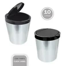 Lixeira Cesto de Lixo 10L Imita Inox Tampa Click Label Automática Arqplast Para Cozinha, Banheiro e Escritório