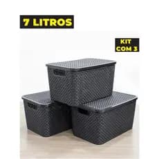 Kit com 3 Caixas Organizadoras Rattan Cesto com Tampa de 7 Litros para Armazenamento Organização