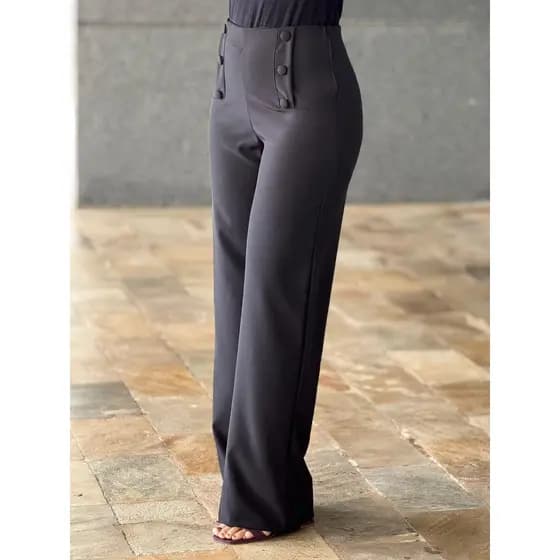 Calça Feminina Two Way com Botões Forrados Estilo Office Trabalho Social Alfaiataria Cintura Alta