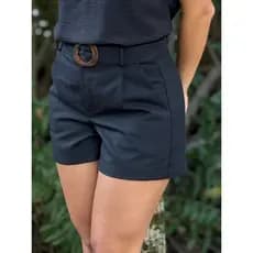 Short Feminino Linho New Idea Com Cinto E Bolsos Laterais Curto Primavera Verão