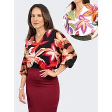 Blusa Feminina Manga 3/4 com Elástico De Viscose Estampada Elegante Decote V