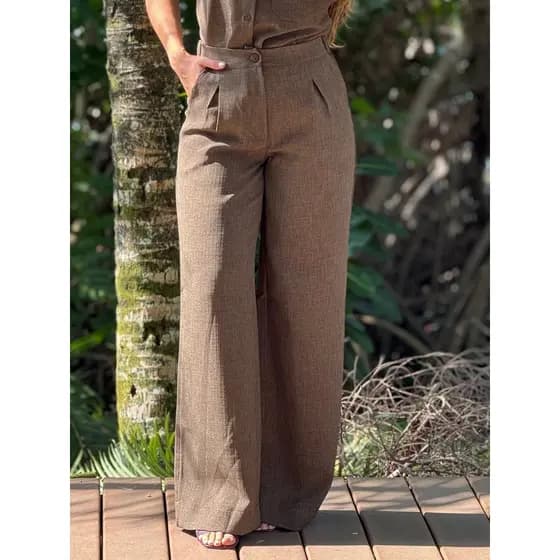 Calça Feminina Alfaiataria Linen Pantalona Elegante Office Escritório Com Bolsos Laterais Social