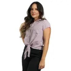 Blusa Feminina Listrada Estilo Cropped Com Botão Forrado de Amarrar Manga Curta