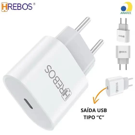 Hrebos - Carregador Turbo 20W USB-C PD HS-363 | Original Anatel, Carga Rápida e Segura