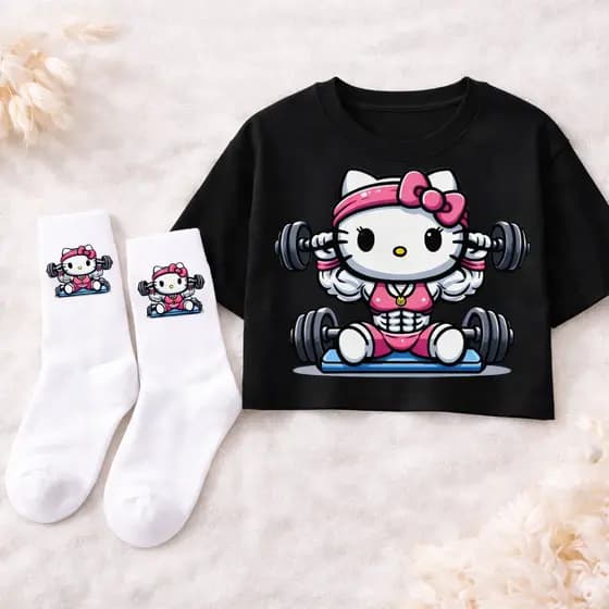 Cropped Feminino Fitness Estampado Hello Kitty+ Meia Branca Academia Kit Moda Feminina Fitness