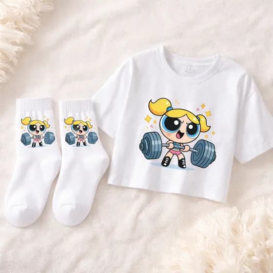 Kit Cropped 100% Algodão e  Par de Meia Meninas Super Poderosas Academia Treino Marombas Fitness Estilosa