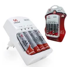 Carregador De Pilhas Rápido Bivolt + 4 Pilha Aa Recarregável Mox