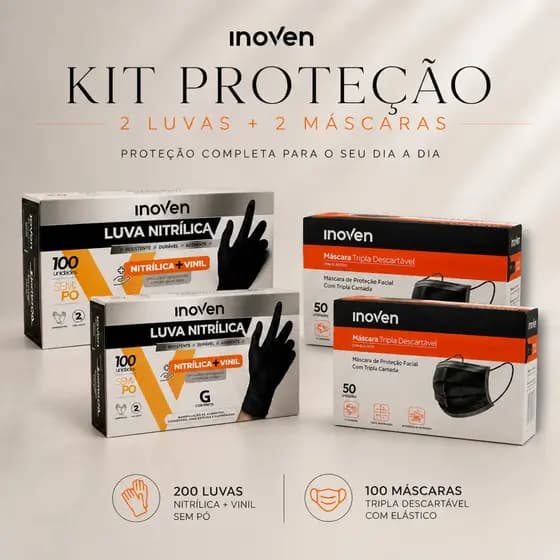 Kit Luvas Máscaras Profissional 300 Peças Inoven Preta Nitri