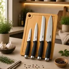 Kit Facas Inox + Tábua Bambu 5 Peças Profissionais Premium