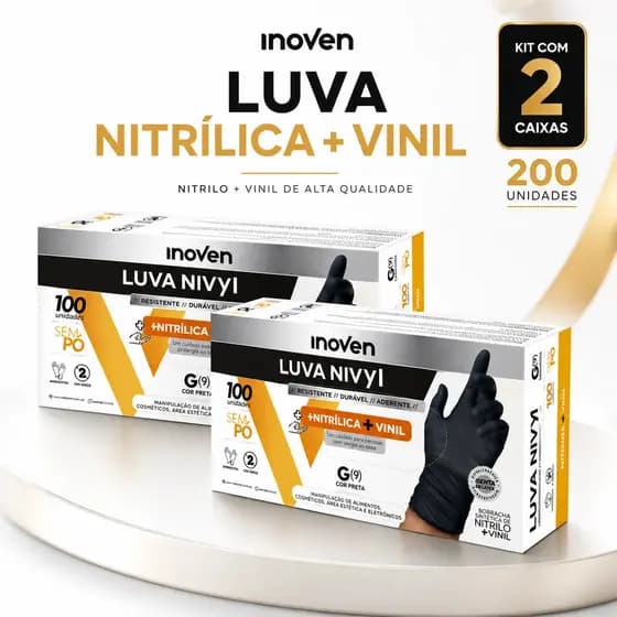 Kit Luva Nitrílica Vinil 200 Unidades Preta Tamanhos P M G