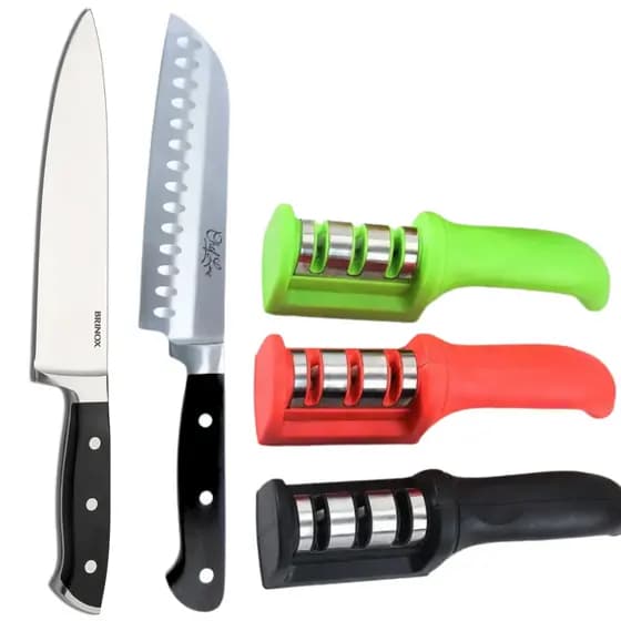 Faca Santoku de Aço Inox  Com Lâmina Inox + Faca Do Chef 8 Cabo Abs Profissional +  Amolador de Facas para afiar amolar