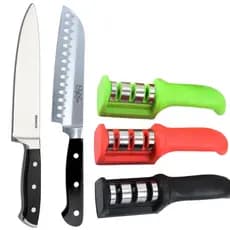 Faca Santoku de Aço Inox  Com Lâmina Inox + Faca Do Chef 8 Cabo Abs Profissional +  Amolador de Facas para afiar amolar
