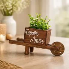 Vaso Decorativo Carriola Madeira Pinus Com Planta Artificial