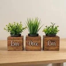 Vasinhos De Madeira C Planta Artificial Kit 3 Decoração Casa