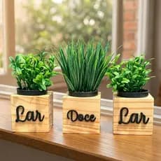 Kit 3 Vasinhos De Madeira Com Planta Artificial Decoração Casa