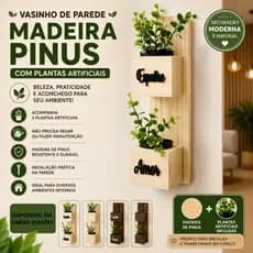 Vasinho de Parede em Madeira Pinus com Plantas Artificiais