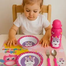 Kit Refeição Infantil Melamina Unicórnio 4 Peças Prato Tigela Talher e Jogo Americano