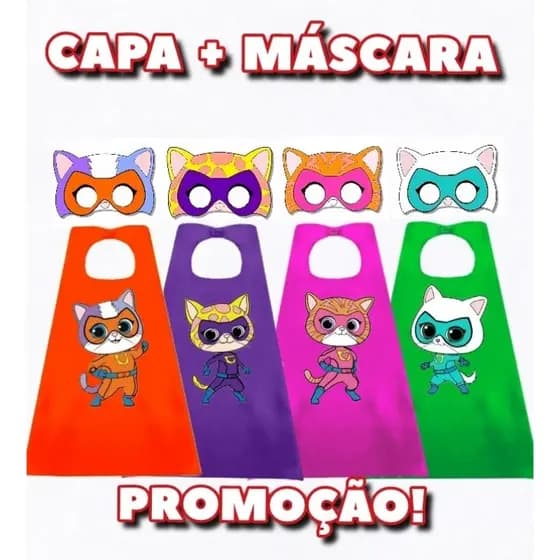 FANTASIA INFANTIL. 1 CAPA + 1 MÁSCARA SUPER GATINHOS. FESTAS E EVENTOS.
