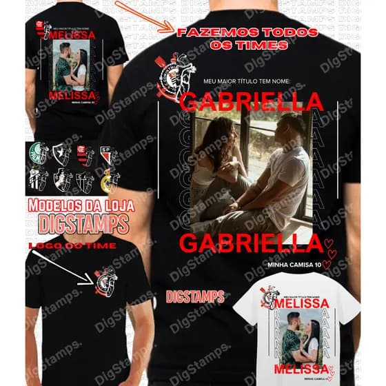 Camiseta de Time Personalizada com Nome Foto Algodão Casal Namorados Copa