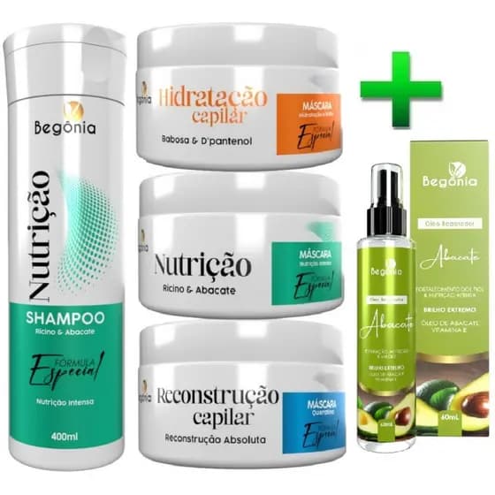 Kit Capilar Cronograma Capilar 1 Shampoo Nutrição + 3 Máscara Begônia Cosméticos + óleo reparador Abacate 60ml