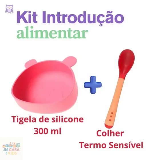 Kit Tigela Prato Infantil de Silicone Ursinho 300ml + Colher Termossensível l com Ventosa