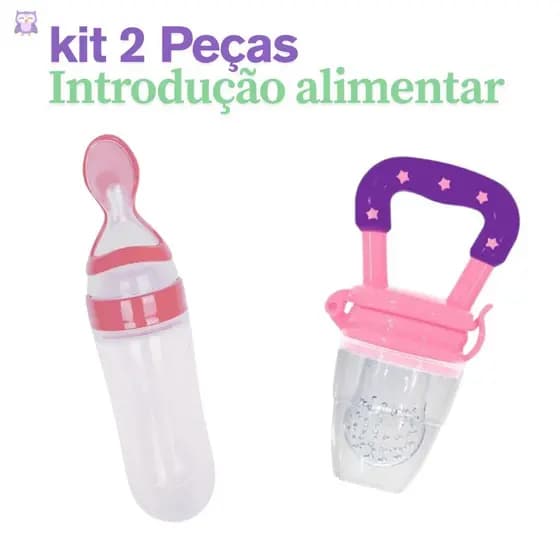 Kit Alimentação Infantil Chupeta Mordedor Porta Frutas e Mamadeira de Silicone com Colher Dosadora..