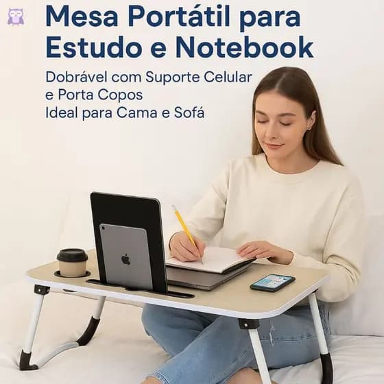 Mesa Portátil Dobrável para Notebook, Mesa de Cama Sofá com Porta Copos  Suporte para Celular Tablet