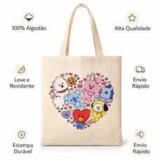 ECOBAG ESTAMPADA TEMA BT21 -100% algodão cru, 32X38, ALÇA REFORÇADA