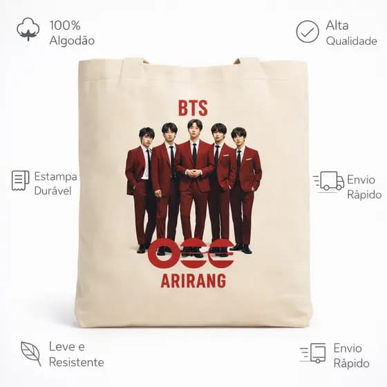 ECOBAG ESTAMPADA TEMA BTS GRUPO -100% algodão cru, 32X38, ALÇA REFORÇADA