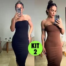 Kit 2 Vestido Feminino Colado Midi Canelado Gringa Tubinho Blogueirinha Básico Anarruga Ajustável