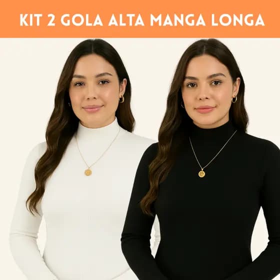 Kit 2 T-Shirt Gola Alta Manga Longa Confortável Feminino Inverno Toque Algodão Versátil