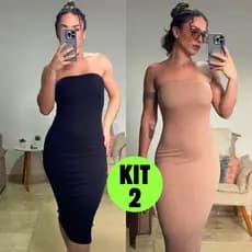 Kit 2 Vestido Midi Tomara Que Caia Canelado Elegância  Ousadia Tubinho Anarruga Sensual Modelador