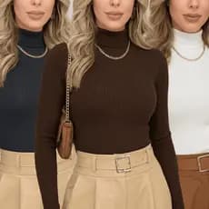 Kit 3 T-Shirt Blusa Feminina Manga Longa Gola Alta Canelada Inverno Cacharrel Básica