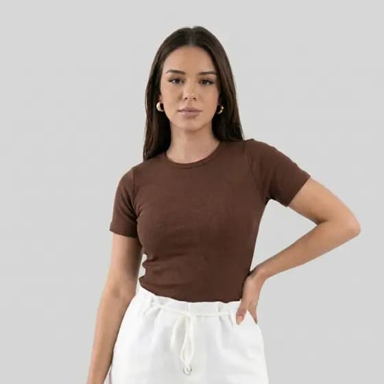 Blusinha Feminina Ribana Toque Algodão Básica Lisa Moda Street Manga Curta Lisa Casual