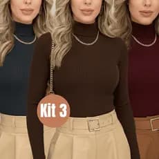 Kit 3 Blusa Feminina Canelada Gola Alta Manga Longa Inverno Blusas Femininas