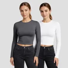 Kit 2 Blusa Manga Longa Baby Tee Moderno Básica Suplex Caimento Perfeito Confortável