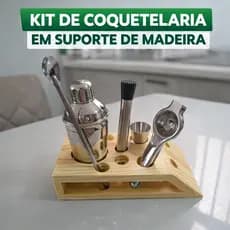 Kit Caipirinha Premium 5 Itens + Suporte de Madeira Coqueteleira Amassador Dosador Perfeito para Drinks